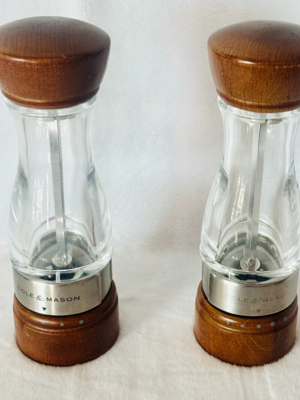 Cole & Mason 7" Wood Acrylic Salt Pepper Mill Grinder Set Preci Gourmet England
